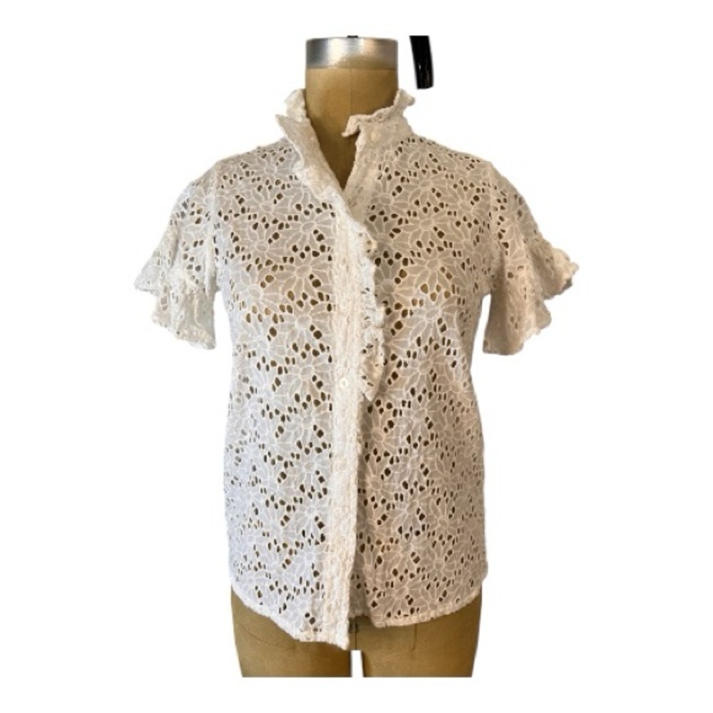 Mille Resort Travel Eyelet Lace Button-Up Ruffled Cotton Blouse in white